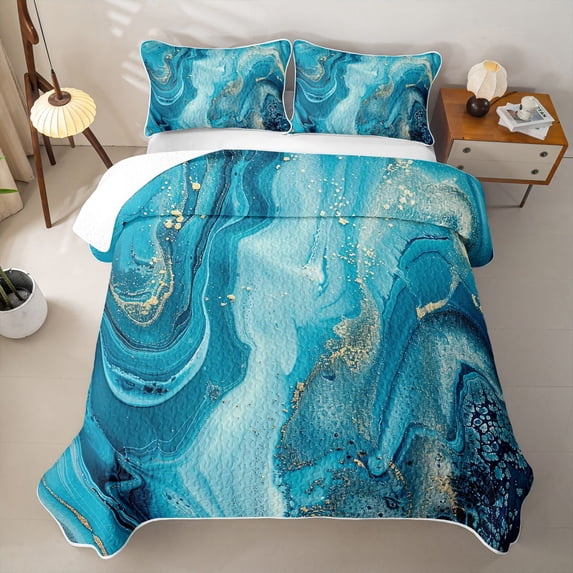 Erosebridal Turquoise Gold Marble Swirl Twin Quilt Set,Ocean Blue Glitter Abstract Twin Coverlet Set For Adults,2 Pieces