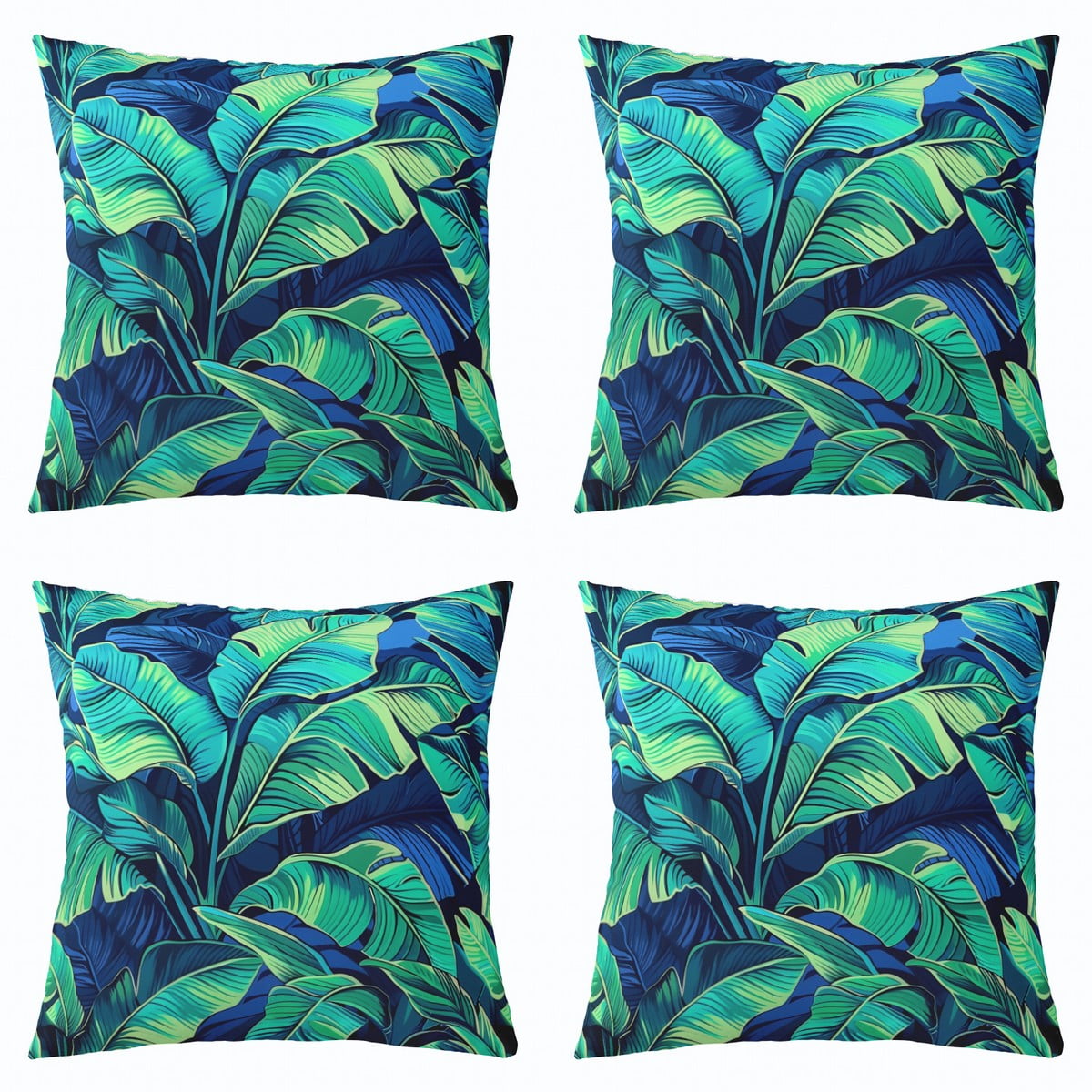 Set Of 2 Green Tropical Leaf Pillow Covers - 16x16 Inch Linen Covers For Sofa, Bed, Outdoor