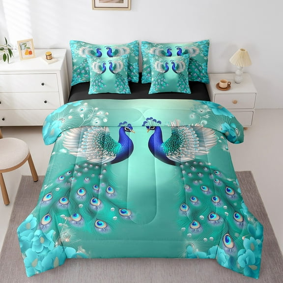 Erosebridal Turquoise Peacock Bed in a Bag, Vintage Flower Bed Set, Couple Animal Reversible Comforter Sets, Microfiber Room Decor, 7-Piece