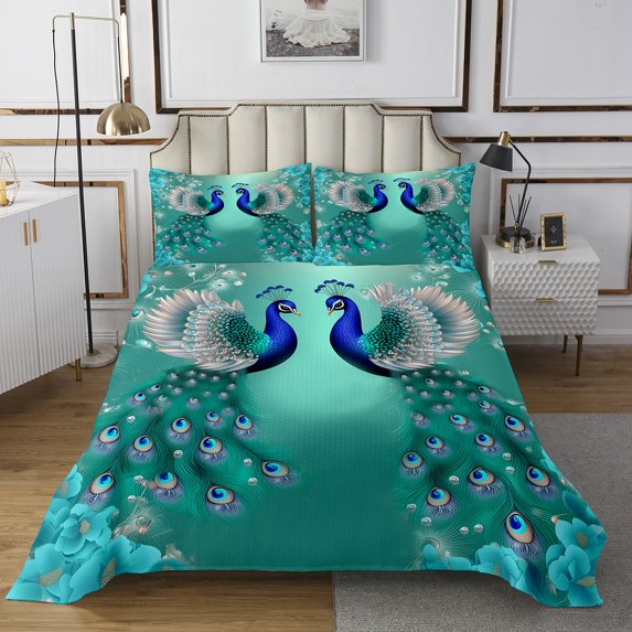 Erosebridal Turquoise Peacock Bedspread Sets King Size, Vintage Flower Bed Quilt, Couple Animal Coverlet Set King, Microfiber Room Decor, 3-Piece