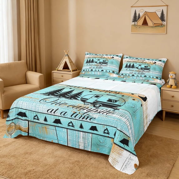 Erosebridal Turquoise Wood Black Camper RV Print Full Size Sheets, Coastal Camping Bed Sheets for Kids Boys and Girls, 1 Flat Sheet, 1 Fitted Sheet and 2 Pillowcases