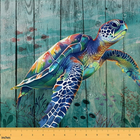 Erosebridal Turtle Fabric By The Yard Sea Tortoise Upholstery Fabric Hawaiian Animal Decorative Fabric Retro Wooden Indoor Outdoor Fabric For Adult ,Blue Natural Waterproof Art 1 Yard