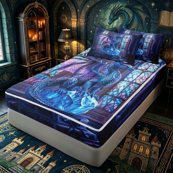 Erosebridal Twilight Ice Dragon Print Zipper Twin Comforter Sets with Fitted Sheet and 2 Pillowcases,Cathedral Glass Window Accent Zipper Bedding Set,Purple Blue,4-Piece,Black Reversible