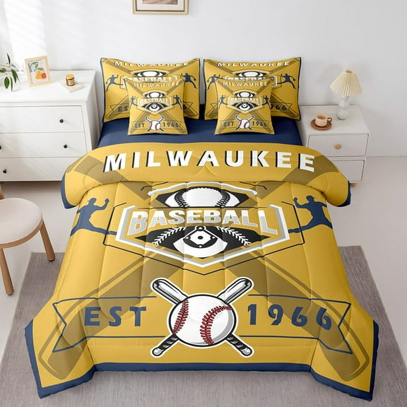 Erosebridal Twin Bed in a Bag Baseball Comforter Set with Sheets 7-Pieces All Season Sports Bedding Sets with Comforter, Pillow Sham, Flat Sheet, Fitted Sheet and Pillowcase,Milwaukee