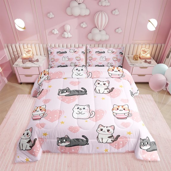 Erosebridal Twin Cartoon Cat Comforter Set,Lovely Cats Bedding Set,Love Heart Reversible Duvet Insert,Cute Kitten Pet Animal Quilt with 1 Pillowcase for Bedroom