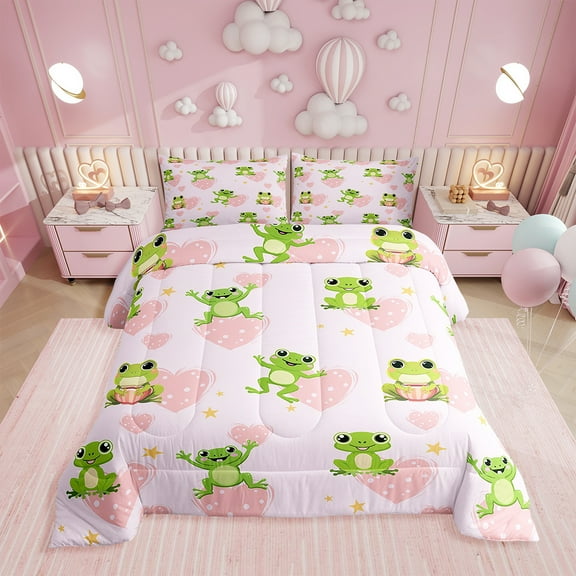 Erosebridal Twin Cartoon Frog Comforter Set,Cute Frogs Bedding Set,Girly Love Heart Reversible Duvet Insert,Kawaii Amphibians Quilt with 1 Pillowcase Lightweight