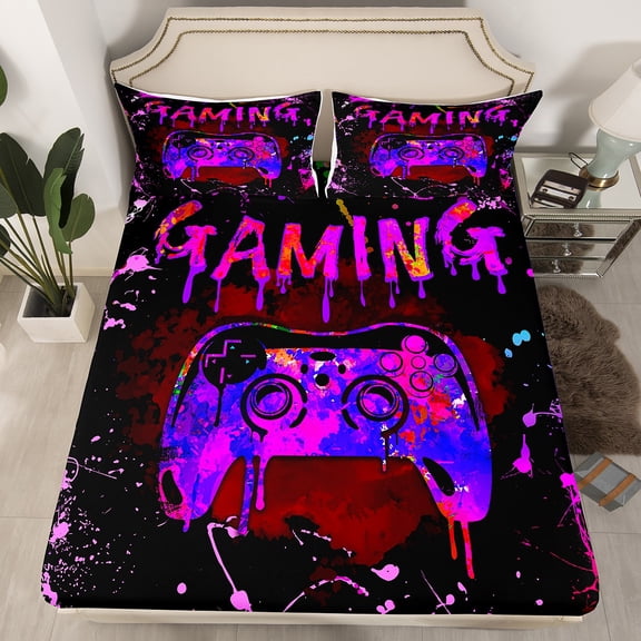 Erosebridal Twin Gamer Bedding Sets Gaming Fitted Sheet Teens Video Gamer Room Decor,Gamepad Controller Gamer Bed Sheets Black Purple Pink Tie Dye Bed Set