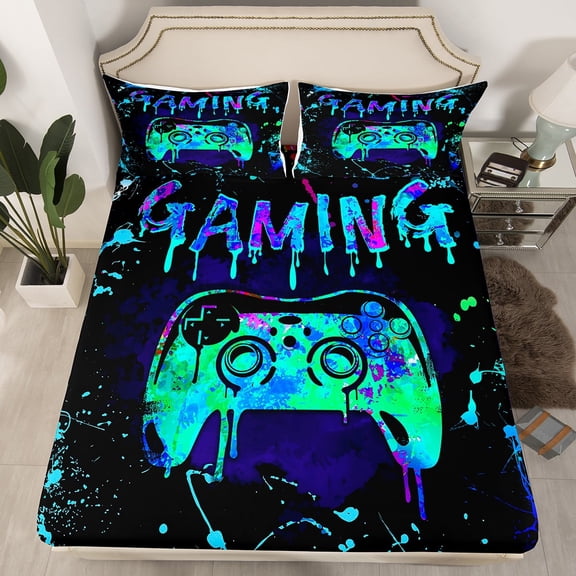 Erosebridal Twin Gamer Bedding Sets Gaming Fitted Sheet Teens Video Gamer Room Decor,Gamepad Controller Gamer Bed Sheets Black Teal Blue Tie Dye Bed Set
