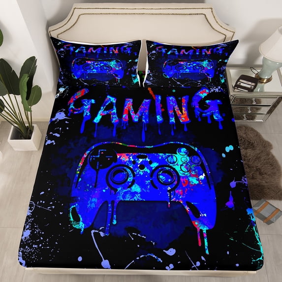 Erosebridal Twin Gamer Bedding Sets Gaming Fitted Sheet Teens Video Gamer Room Decor,Gamepad Controller Gamer Bed Sheets Black Royal Blue Tie Dye Bed Set
