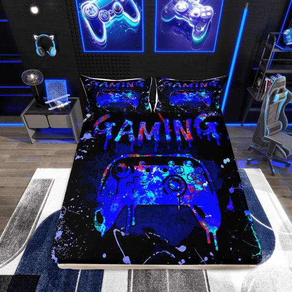 Erosebridal Twin Gamer Bedding Sets Gaming Fitted Sheet Teens Video Gamer Room Decor,Gamepad Controller Gamer Bed Sheets Black Royal Blue Tie Dye Bed Set