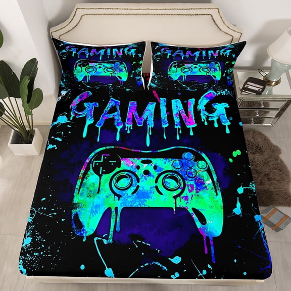 Erosebridal Twin Gamer Bedding Sets Gaming Fitted Sheet Teens Video Gamer Room Decor,Gamepad Controller Gamer Bed Sheets Black Teal Blue Tie Dye Bed Set