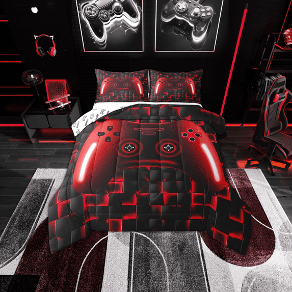 Erosebridal Twin Gaming Bedding Sets Red Game Console 3D Black Gamer Comforter Set With 1 Pillowcase Teen Lightweight Geometric Gamepad Bedroom Set(Red, Twin)
