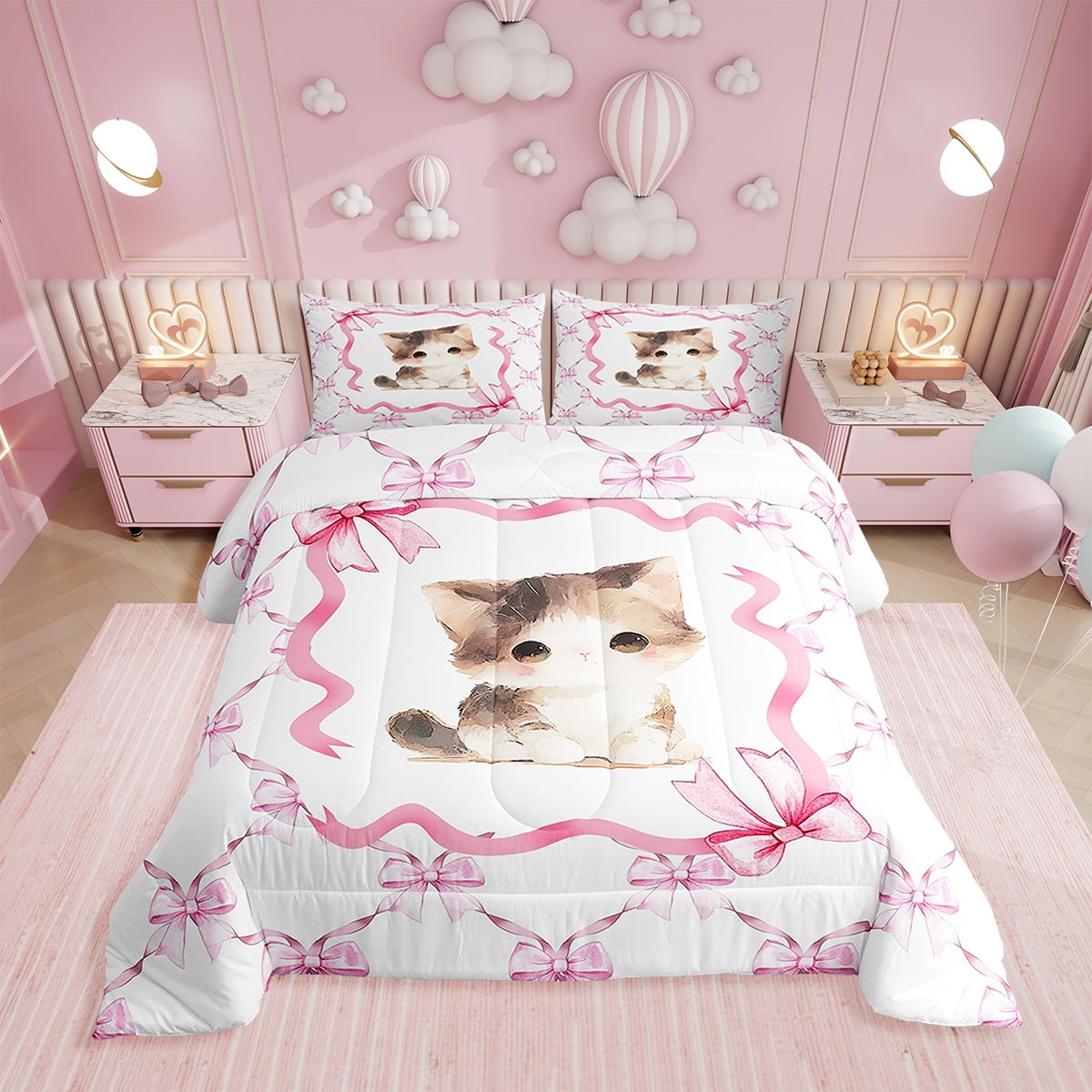 Erosebridal Twin Princess Bowknot Comforter Set Cartoon Cat Kitten Erosebridal Twin Princess Bowknot Comforter Set Cartoon Cat Kitten