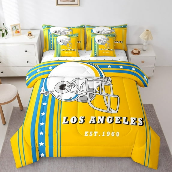 Erosebridal Twin Size 7Pcs Football Theme Comforter Sets Bed-in-a-Bag American Football City Comforter Set with Sheets Yellow Blue Stars and Stripes Duvet Insert (Los Angeles)