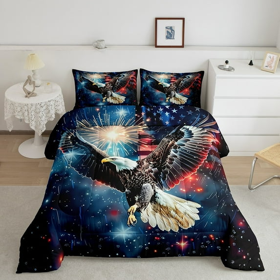 Erosebridal US Owl Bedding Full Comforter Set, Independence Day Down Comforter, American Flag Reversible Comforters & Duvets, Breathable Bedroom Decorative, 3-Piece