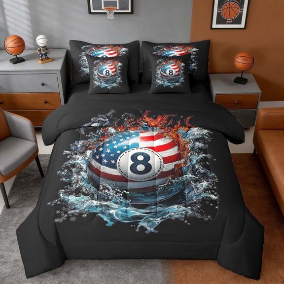 Erosebridal USA Flag 8 Ball Twin Bedding Sets, Sport Bedding Comforter Set for Men and Boys, Black Reversible 7pcs