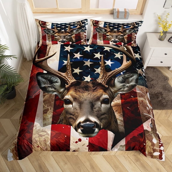 Erosebridal USA Flag Comforter Cover Military American Flag Bedding Sets, Hunting Deer Elk Print Duvet Cover Full, USA Federation Stars Bedspread Cover Rustic Wild Animal Quilt Cover with Zipper
