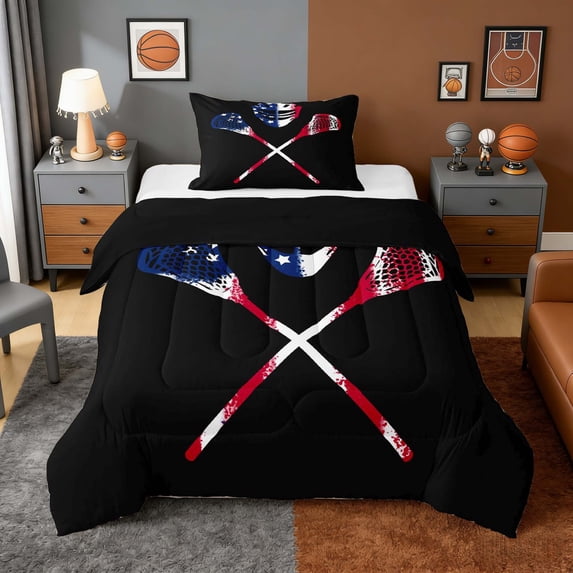 Erosebridal USA Lacrosse Twin Comforter Sets, Sport Bedding Set for Men and Boys, Black Reversible 2 Pieces, 1 Comforter and 1 Pillowcase
