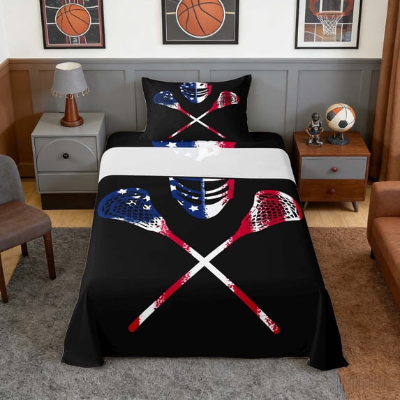 Erosebridal USA Lacrosse Twin Sheet Sets, Sport Bedding for Men and Boys, 3 Pieces, 1 Flat Sheet, 1 Fitted Sheet and 1 Pillowcase