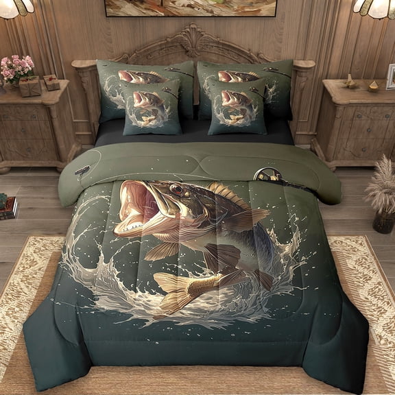 Erosebridal Underwater Animal Bed in a Bag King Size,Pike Fish Bed Set,Retro Farmhouse Fishing Bedding King Size,Breathable Room Decor Reversible,7 Pieces