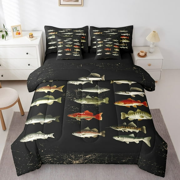 Erosebridal Underwater Animal Bedding Twin Size,Pike Fish Comforter Sets with Sheets,Vintage Farmhouse Fishing Bedding Sets Twin Size,Breathable Room Decor Reversible,7pcs