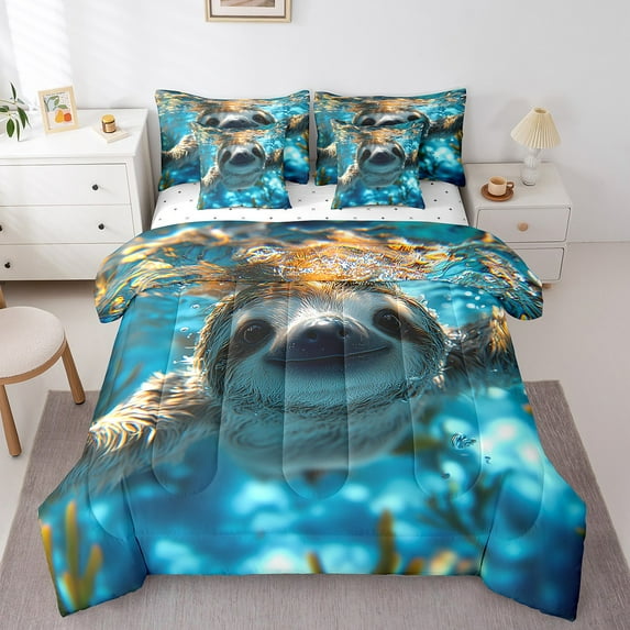 Erosebridal 3D Sloth Bedding Sets King Size, Marine Ocean Comforter Sets with Sheets, Animal Sealife Decor, Reversible 7pcs