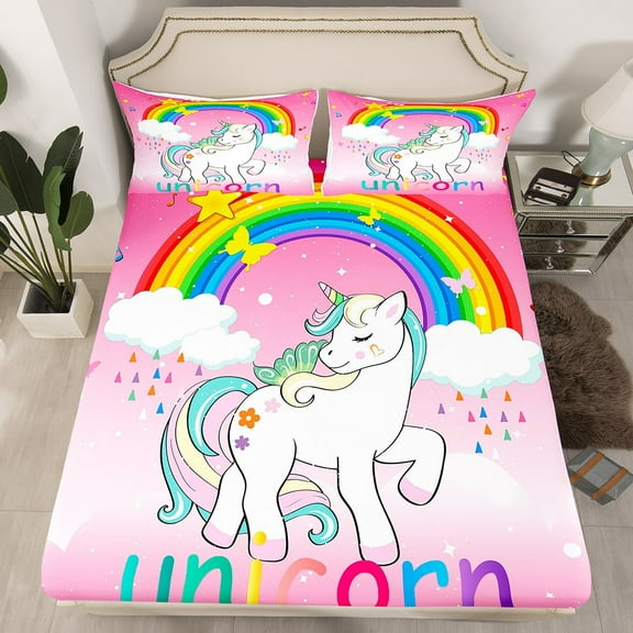 Erosebridal Unicorn Bedding Twin Kawaii Rainbow Unicorn Fitted Sheet Galaxy Stars Bed Sheets White Horse Floral Bed Set Fantasy Room Decor Pink Unicorn Gift Deep Pocket,2Pcs