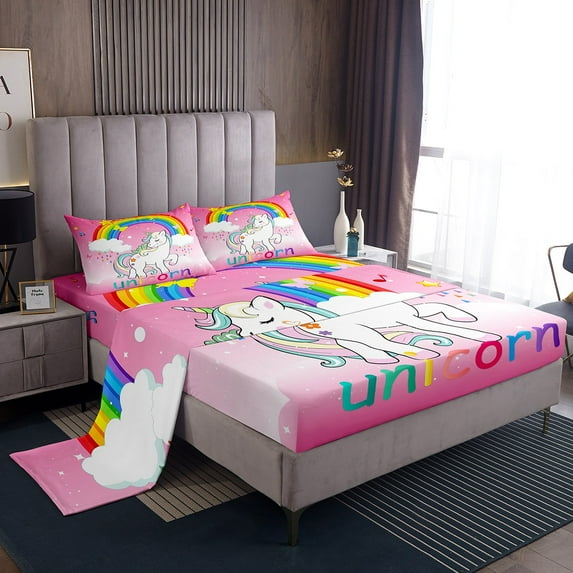 Erosebridal Unicorn Bedding Twin Kawaii Rainbow Unicorn Bed Sheets Set Galaxy Stars Sheet Set White Horse Floral Top Sheet Fantasy Room Decor Pink Unicorn Gift Deep Pocket,3Pcs
