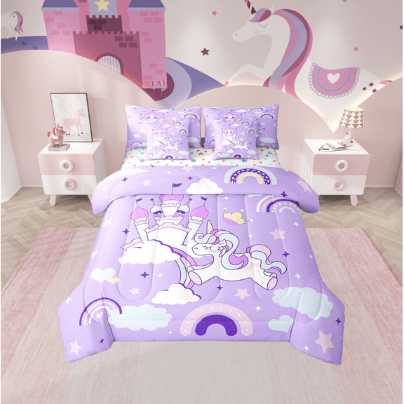 Erosebridal Unicorn Castle Bedding Sets Twin Size,Stars Rainbow Comforter Sets with Sheets,Cartoon Animal Bed in a Bag Twin size,Lightweight Kawaii Bedroom Decoration,Reversible,7-Piece