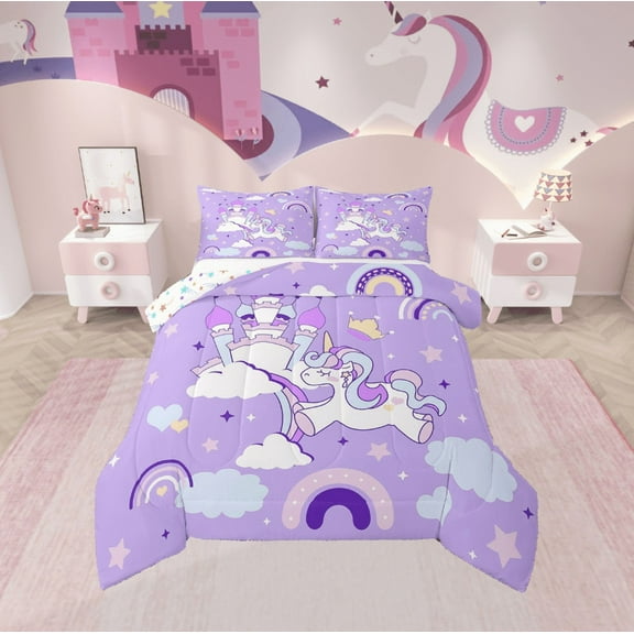 Erosebridal Unicorn Castle Bedding Twin Comforter Set,Stars Rainbow Down Comforter,Cartoon Animal Bedding Sets Twin With Comforter,Lightweight Kawaii Bedroom Decoration,Reversible,2-Piece