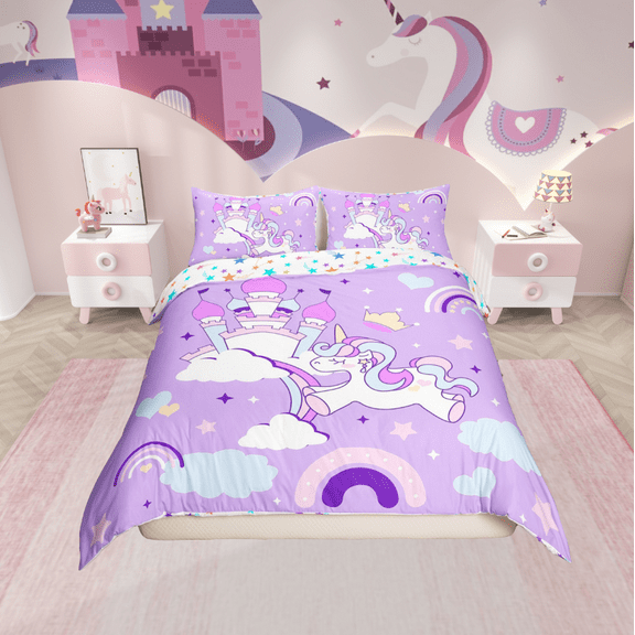 Erosebridal Unicorn Castle Comforter Cover Twin,Stars Rainbow Bedding Twin Size,Cartoon Animal Duvet Cover Twin,Lightweight Kawaii Bedroom Decoration,Reversible,2-Piece(No Comforter)