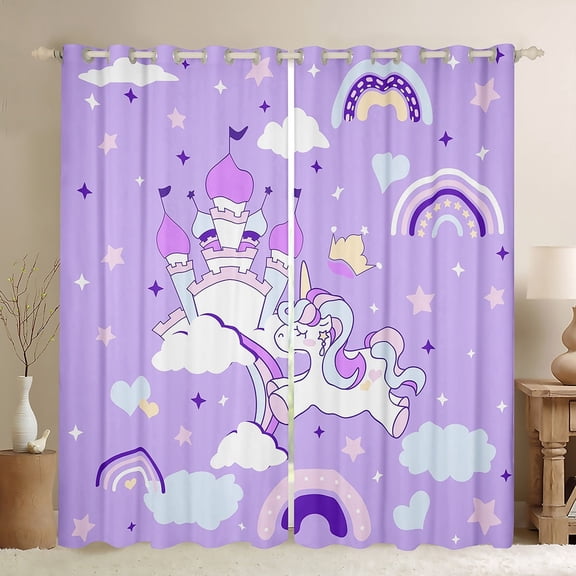 Erosebridal Unicorn Castle Curtains Pack of 2 (42Wx63L),Stars Rainbow 30%-50% Black Out Curtains,Cartoon Animal Curtains for Living Room,Kawaii Bedroom Decoration