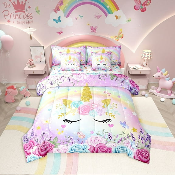 Erosebridal Unicorn Floral Bed in a Bag Twin size, Cartoon Animal Bed Set, Bling Stars Decor, Reversible 7-Piece