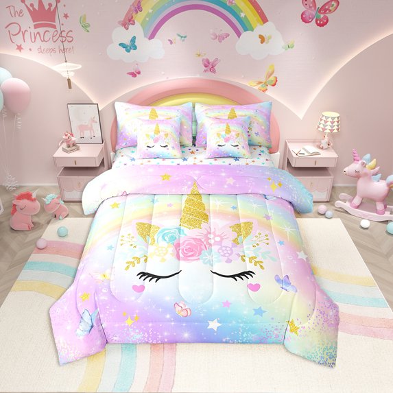Erosebridal Unicorn Floral Bedding Sets Queen Size, Cartoon Animal Comforter Sets with Sheets, Bling Stars Decor, Reversible 7pcs
