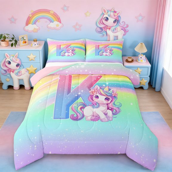 Erosebridal Unicorn Gifts Queen Comforter Set For Girls,Dreamy Princess Style First Letter K Bedding Comforter Set For Kids,Reversible Pink 3 Pieces