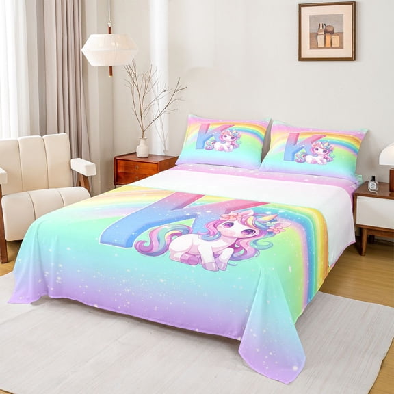 Erosebridal Unicorn Gifts Queen Sheet Sets For Girls,Dreamy Princess Style First Letter K Bed Set For Kids 4 Pieces