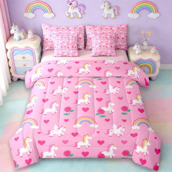 Erosebridal Unicorn Girls 7pcs Bedding Comforter Set,Pink Flowers Loves Romantic Theme Queen Bedding Sets For Kids,Reversible Pink