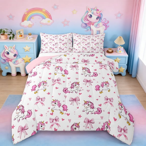 Erosebridal Unicorn Girls Full Size Comforter Sets,Cute Pink Bowknot Kawaii Stars Loves Bedding Sets For Kids,Reversible Pink 3 Pieces