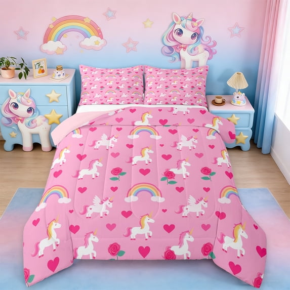 Erosebridal Unicorn Girls Full Size Comforter Sets,Pink Flowers Loves Romantic Theme Bedding Sets For Kids,Reversible Pink 3pcs