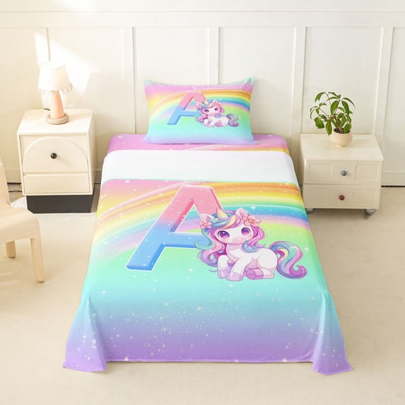 Erosebridal Unicorn Girls Twin Sheet Sets,Colorful Ombre A Alphabet Bedding For Kids 3 Pieces