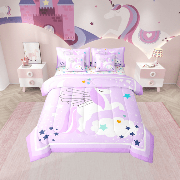 Erosebridal Unicorn Stars Bedding Sets Twin Size,Geometric Stripes Comforter Sets with Sheets,Dreamy Princess Bed in a Bag Twin size,Super Cozy Cartoon Room Decor,Reversible,7-Piece