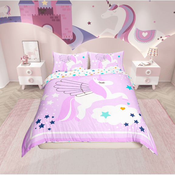 Erosebridal Unicorn Stars Comforter Cover Twin,Geometric Stripes Bedding Twin Size,Dreamy Princess Duvet Cover Twin,Super Cozy Cartoon Room Decor,Reversible,2-Piece(No Comforter)