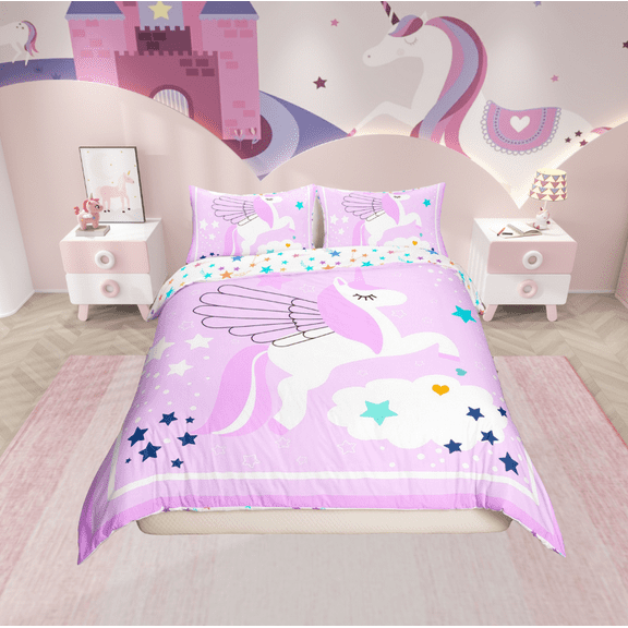 Erosebridal Unicorn Stars Comforter Cover Twin,Geometric Stripes Bedding Twin Size,Dreamy Princess Duvet Cover Twin,Super Cozy Cartoon Room Decor,Reversible,2-Piece(No Comforter)