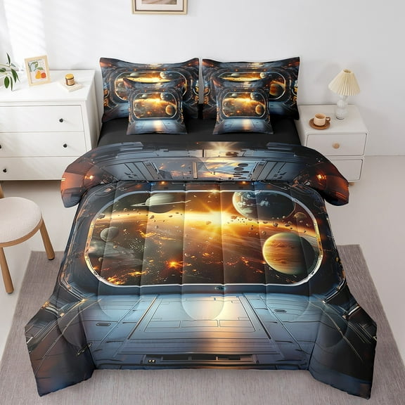 Erosebridal Universe Galaxy Bedding Sets Queen Size,Space Ship Comforter Sets with Sheets,Cosmos Planets Bed in a Bag Queen Size For Men Women,Ultra Soft Bedroom Decor Reversible,7-Piece