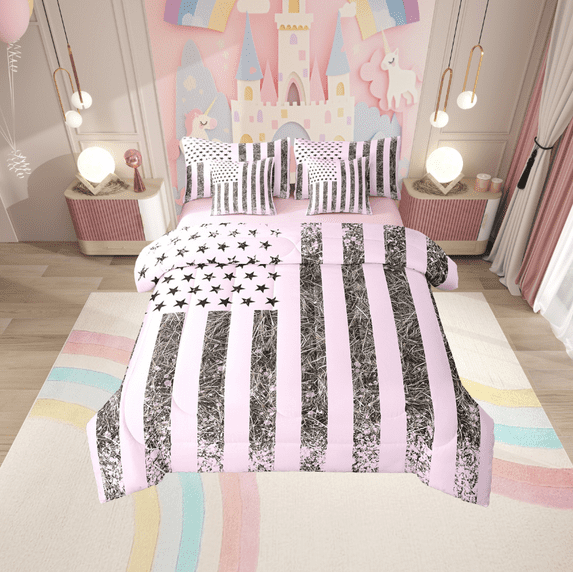 Erosebridal Usa Flag Bedding Queen Size,Abstract Stripes Bedding Sets Queen Size,Pink Black Comforter Sets with Sheets,Super Cozy Camo Room Decor,Reversible,7 Pieces