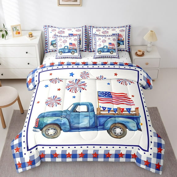 Erosebridal Usa Flag Truck Bedding Queen Size,Independence Day Bed In A Bag Queen Size,Geometric Buffalo Decor,Lightweight,7 Pieces