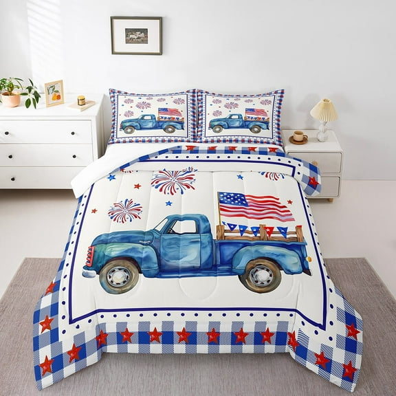 Erosebridal Usa Flag Truck Comforter Sets Queen Size,Independence Day Bedding Queen Comforter Set,Geometric Buffalo Decor,3Pcs