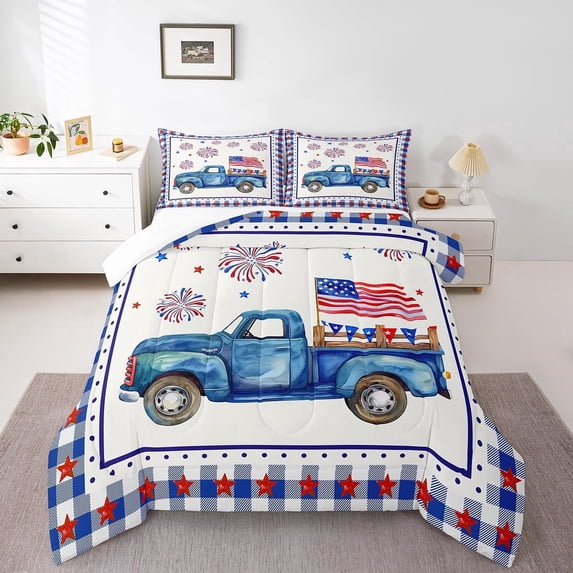 Erosebridal Usa Flag Truck Comforter Sets Queen Size,Independence Day Bedding Queen Comforter Set,Geometric Buffalo Decor,3Pcs