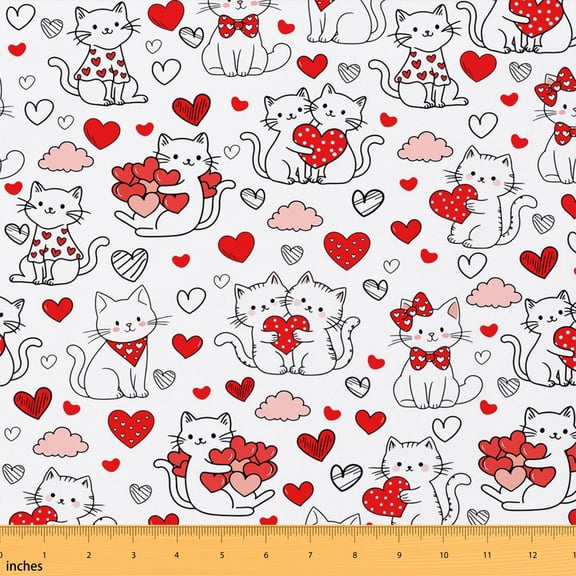 Erosebridal Valentine Cat Fabric by the Yard 2 Yards, Red Heart Cloud Sewing Fabric