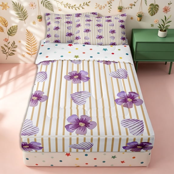 Erosebridal Vertical Stripe Pattern Zipper Twin Comforter Sets with Fitted Sheet and 2 Pillowcases,Floral Heart Print Zipper Bedding Set,Purple Brown,Reversible
